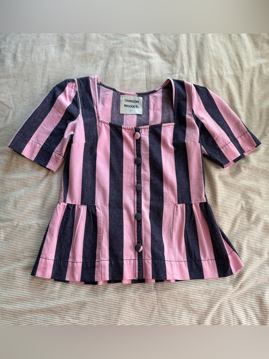 Damson Madder Tops - Damson Madder Pink & Navy Striped Button Front Peplum Top